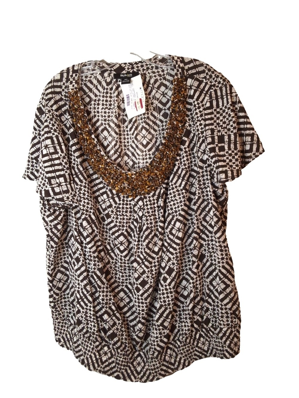 NWT Style & Co Brown Beaded Neck Printed Peasant Blouse 18W NWT Brown Boho Top